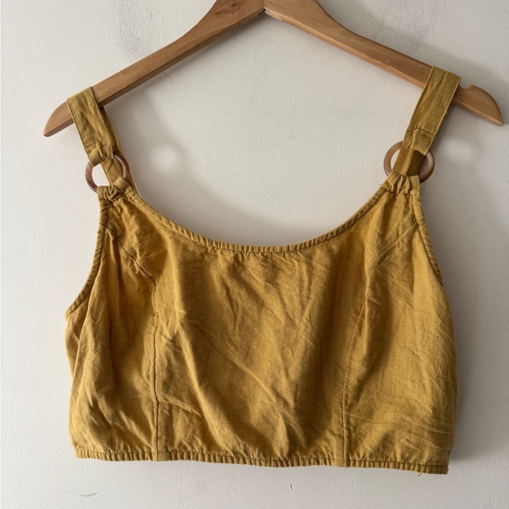 American Eagle Linen Blend Golden Mustard Yellow Smocked Crop Top O Ring Detail